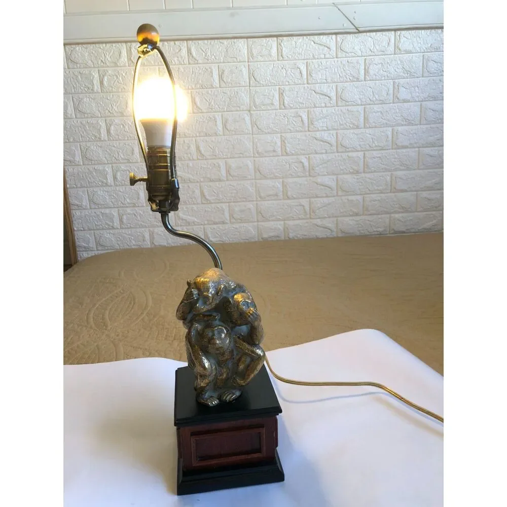 Vintage Bombay Co Three Wise Monkeys Brass Table Lamp See Hear Speak No Evil